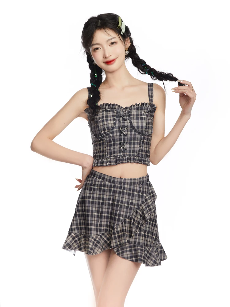 New Plaid Bikini Swimsuit Women Summer High Waist Skirt Style Cover up Small Chest Student Conservative Slimming for Hot Springs