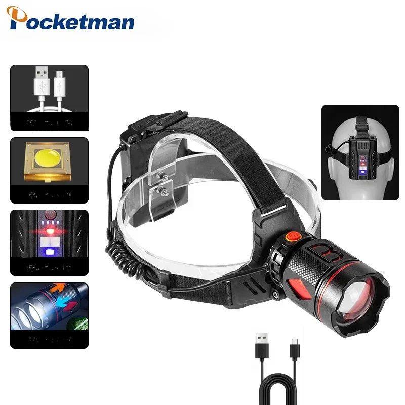 

Most Powerful LED Headlamp Type-C USB Rechargeable Headlight Zoomable Head Lamp Waterproof Head Flashlight for Camping Hiking