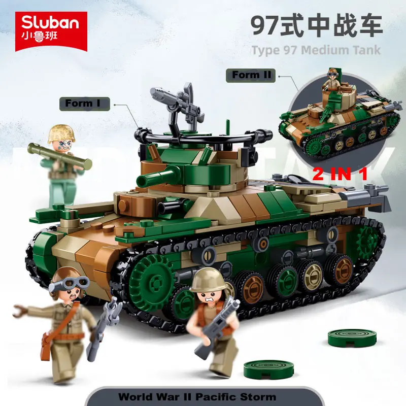 New WW2 Pacific Storm Military Weapons 2 IN 1 Type 97 Medium Tank Building Blocks Model Army Bricks Soldier Toys For Kids Gift