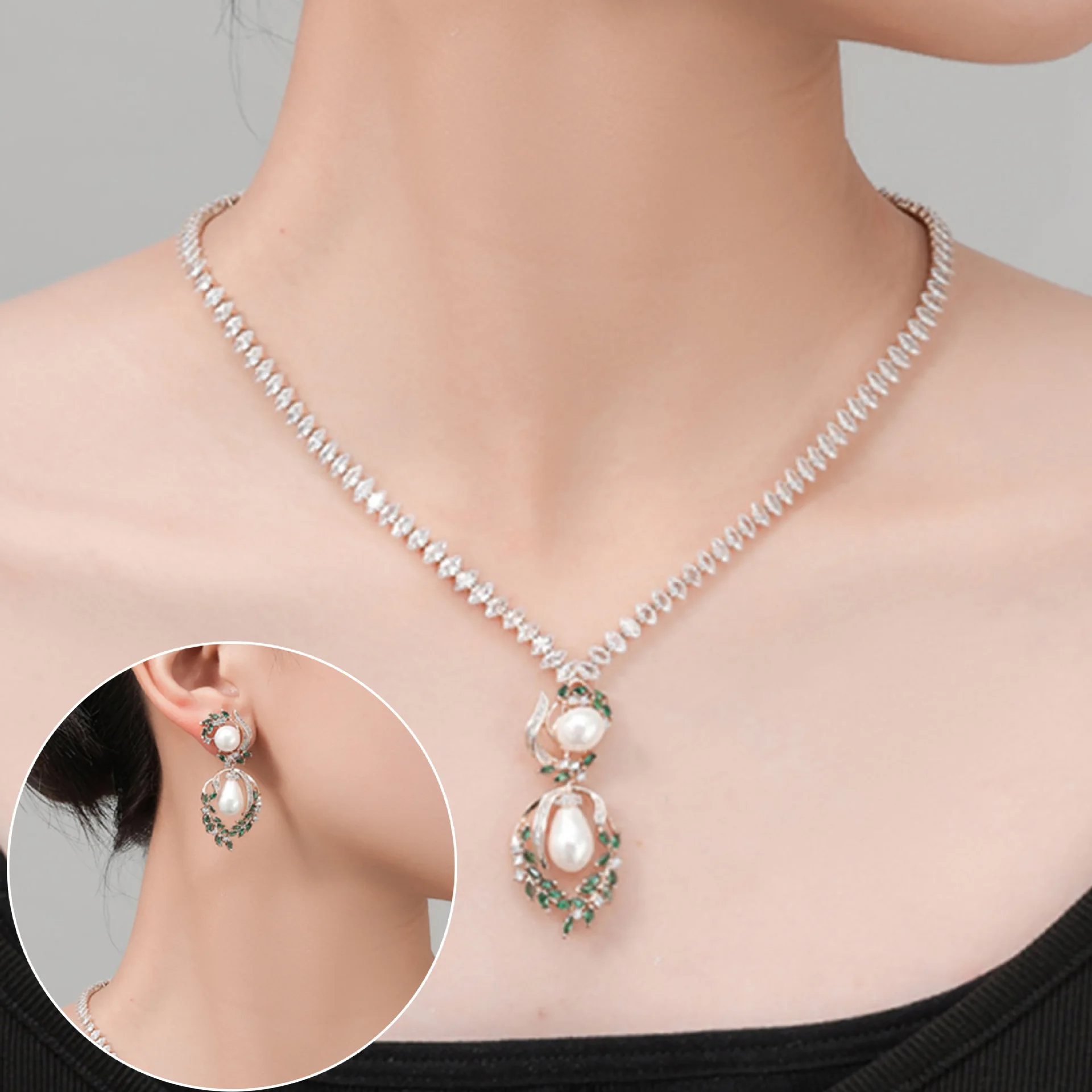 

Pearl Necklace Earring Set Collarbone Chain Bride Necklace