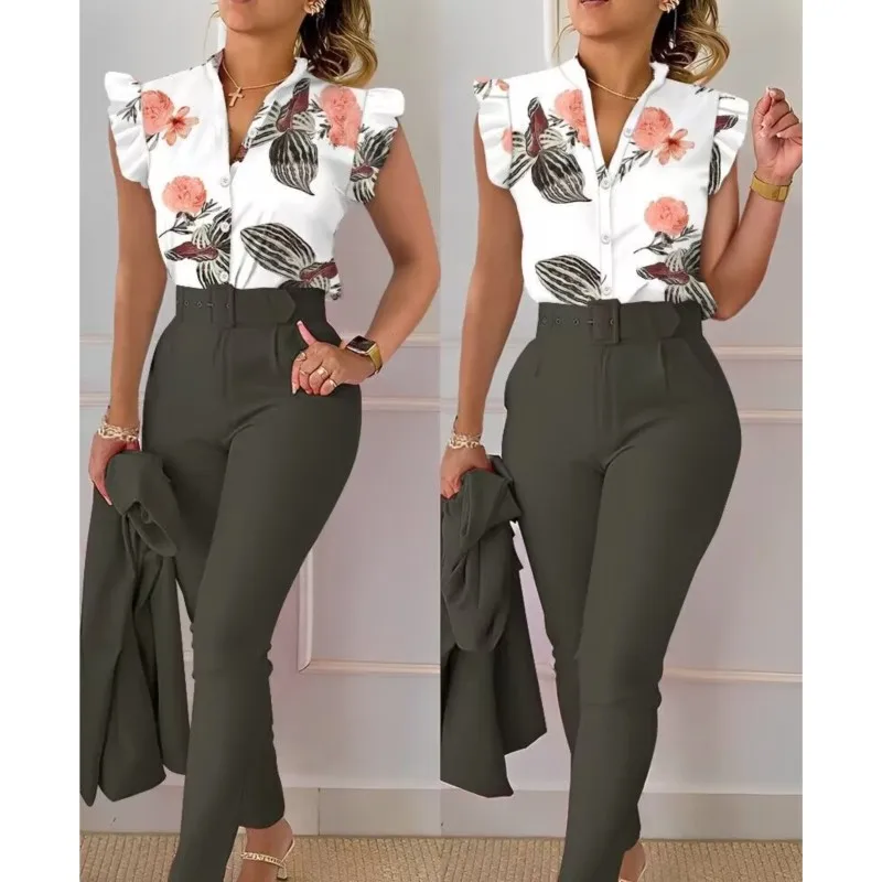

Womens Elegant Slim Two-Piece Sets Summer Fashion Print V Neck Button Flying Sleeve Shirt Top & Solid Long Pants Suits With Belt