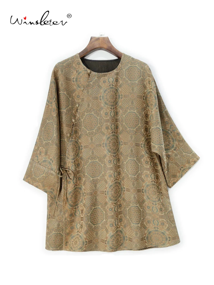 Winsleter- 40MM Silk Song Brocade Elegant T-shirt, Woman 3/4 Sleeve O Neck Jacquard, Loose Vintage Tops, 2025 Spring T4D430CC