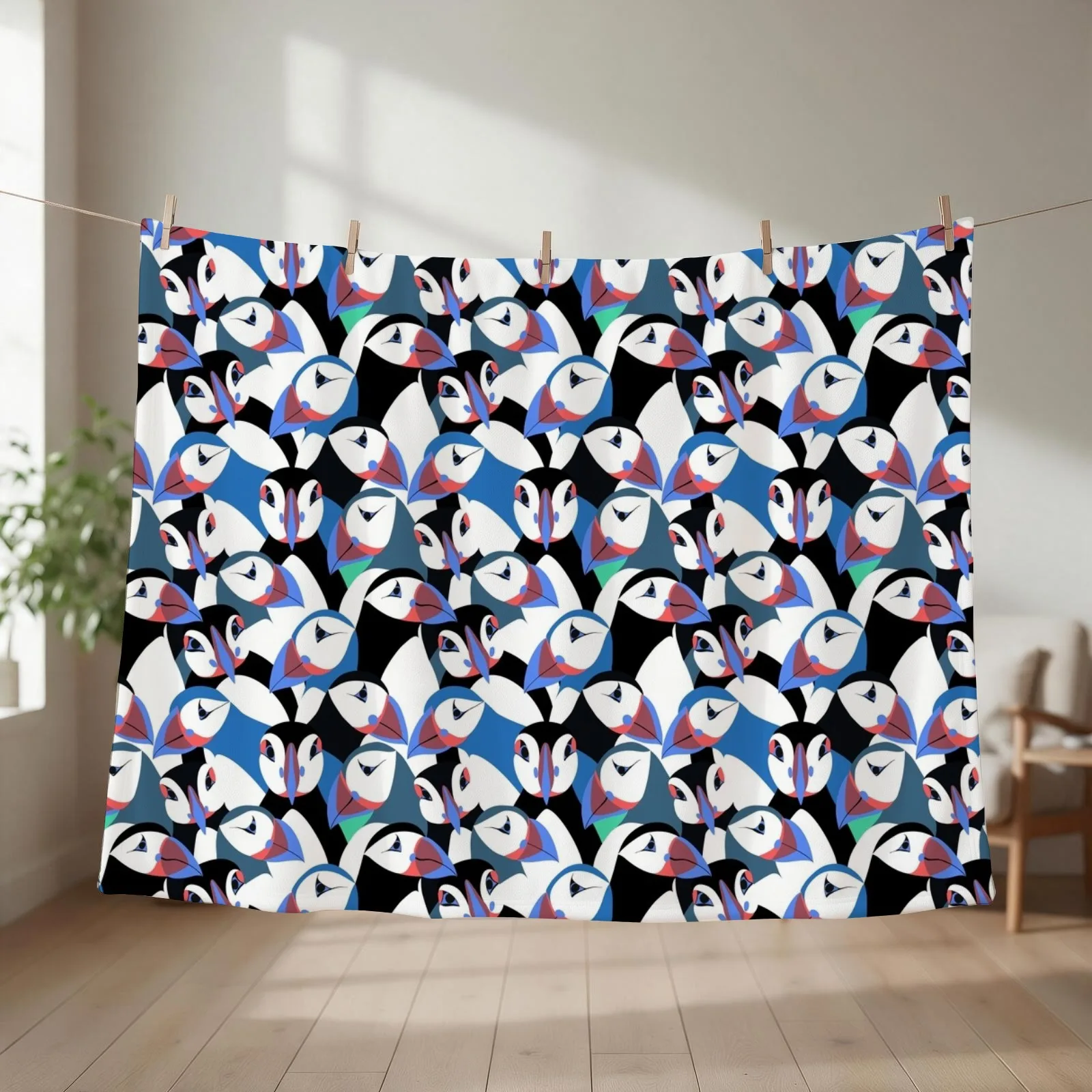 Puffins in bright blue Throw Blanket couch cozy soft plush fuzzy picnic outdoor blanket