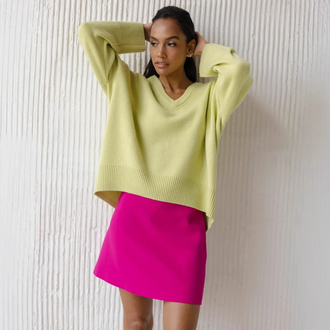 おしゃれな長袖 V ネック ルーズ セーター 秋冬 人気スタイル レディース ニットウェア カジュアル 快適 ヨーロッパ アメリカン スタイル