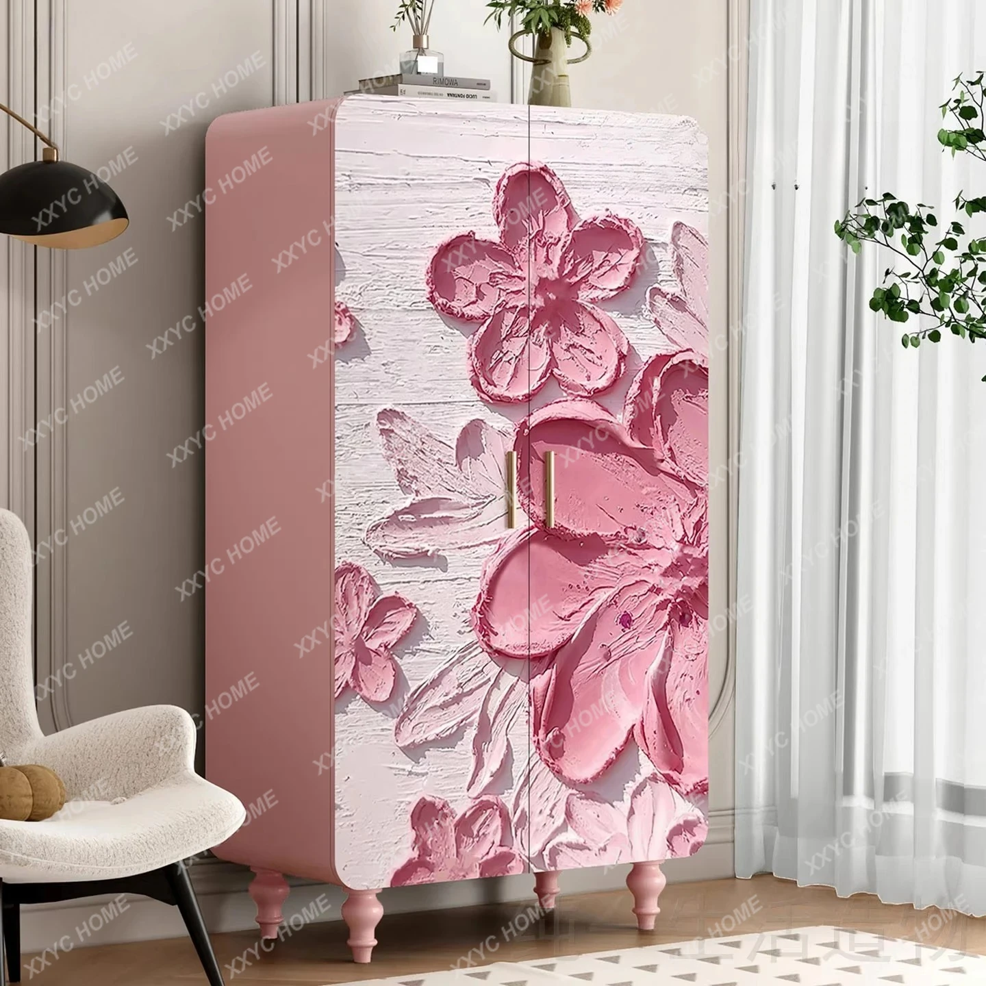 TTCream wind, flower solid wood bedroom wardrobe  romantic pink hotel bed and breakfast room storage cabinet