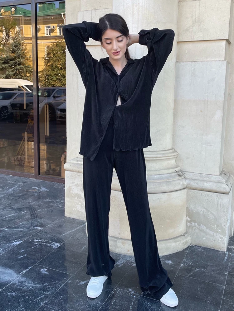 Mnealways18 Pleated 2 Piece Women Pants Sets Loose Shirts And Wide Leg Long Pants Suit Ladies Outfits Fashion Office Two Piece