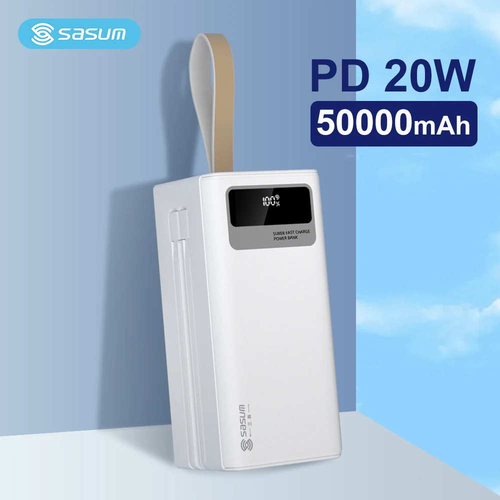 

50000 мАч PD20W PowerBank с быстрой зарядкой для IPhone 15 Huawei Xiaomi Внешняя батарея большой емкости Портативное зарядное устройство со светодиодной подсветкой