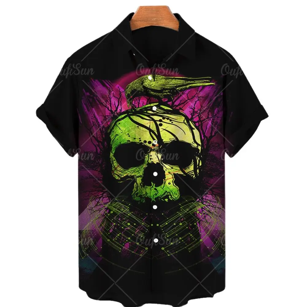 Caveira de horror masculina Camisa havaiana, moda 3D retrô, lapela casual, manga curta, tops respiráveis, roupa importada de verão