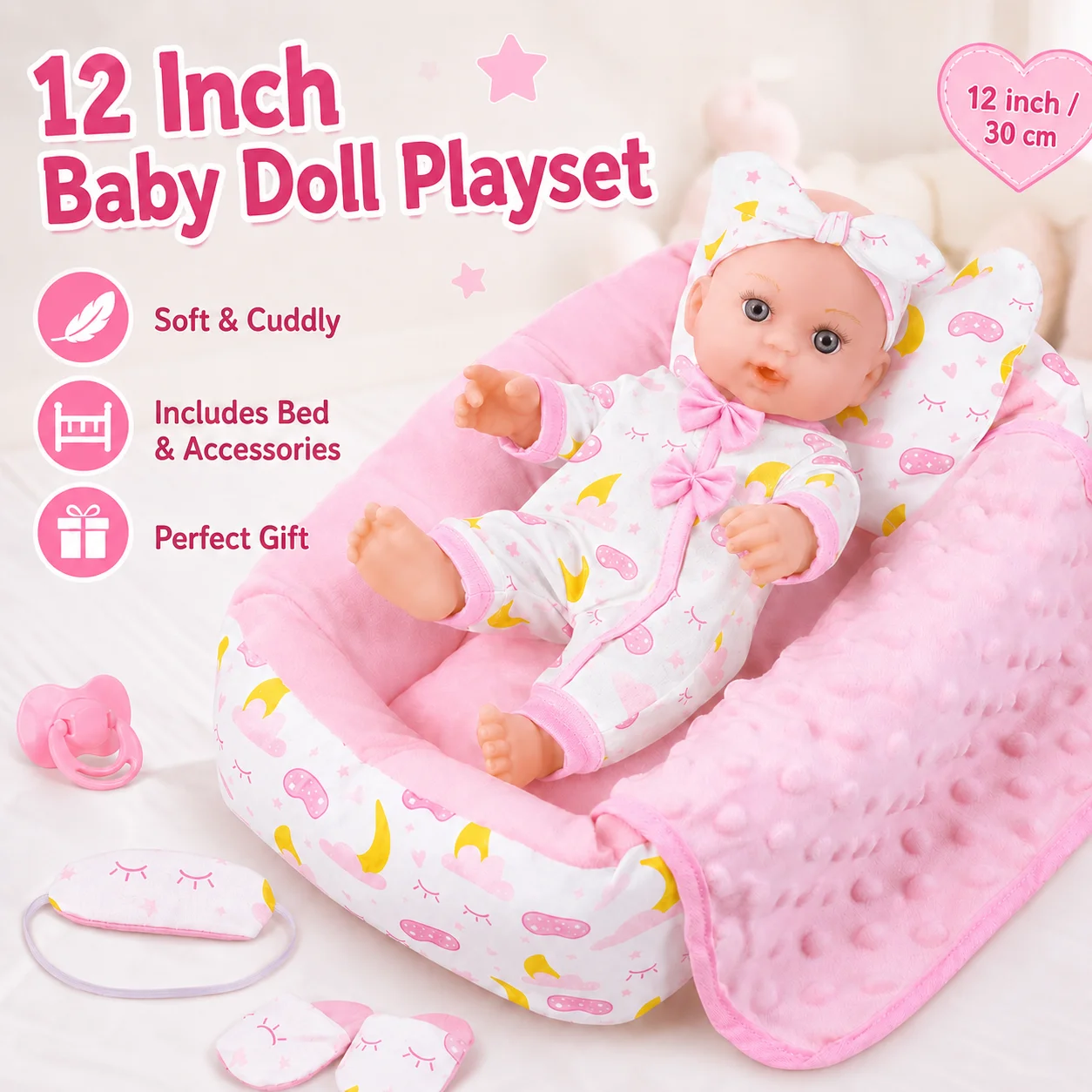12inch 30cm Reborn Baby Doll with Bed Set, Clothes, Pillow, Blanket, Pacifier, Eye Mask, Doll Playset Kids Gift