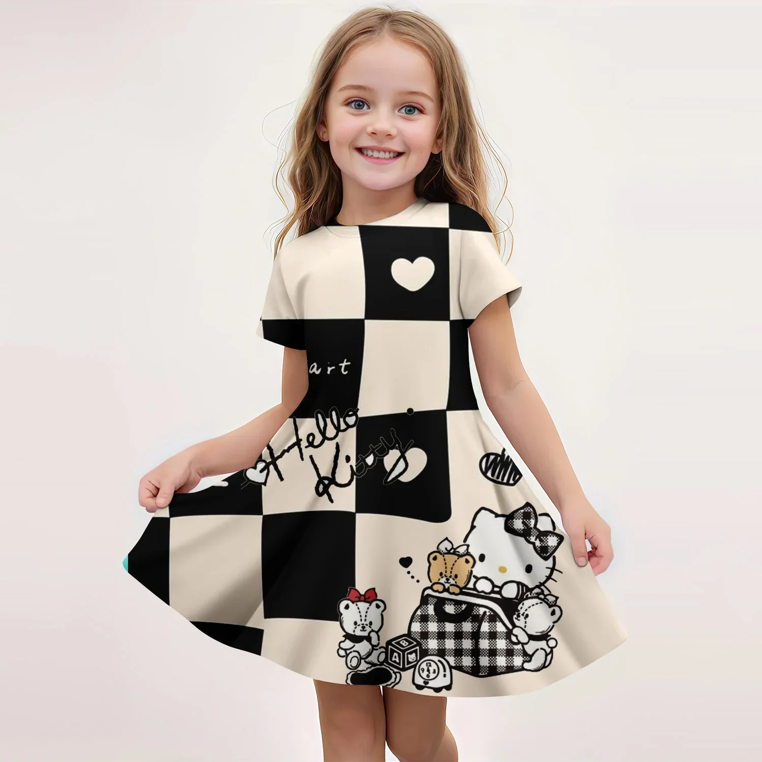 

Miniso 3D Printed Sanrio Fashion Cartoon Pattern Cute Short Sleeved Dress Cosplay Youth Girl Clothes Hello Kitty Clothes Sweet