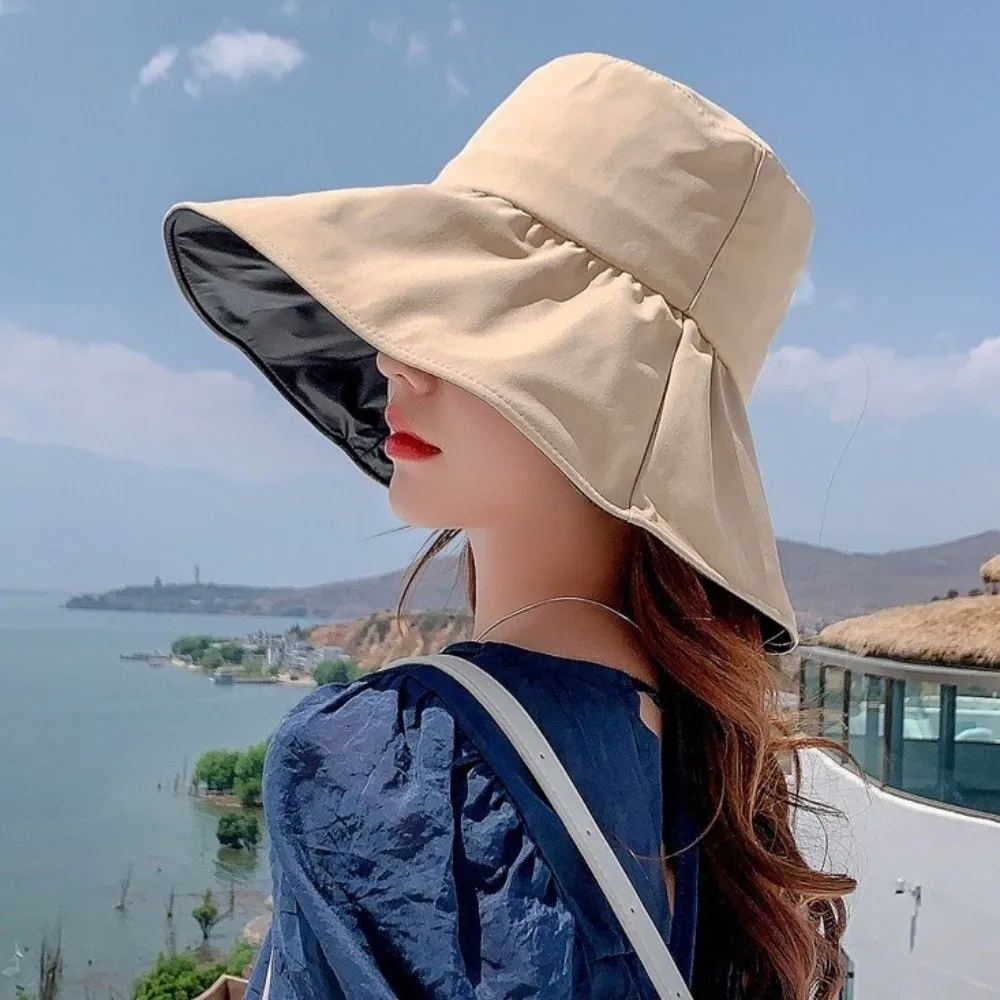 Solid Color Women Fisherman Hat Anti-Ultraviolet Foldable Wide Brim Sun Hat with Windproof Rope Adjustable Sun Protection Hat