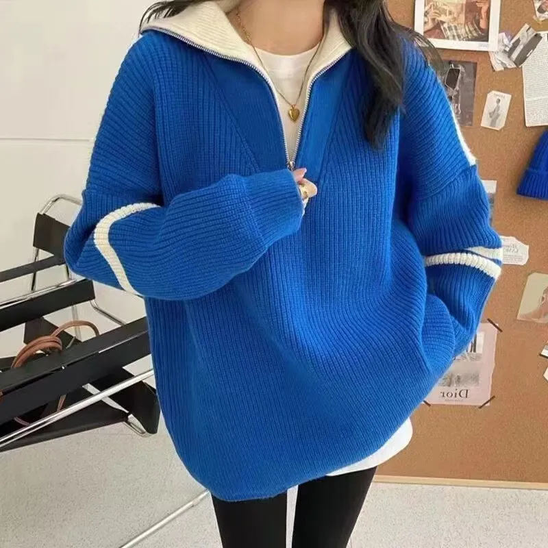 

Korean style autumn thick mid length pullover sweater women's design sense color blocking loose and lazy style kinnted top