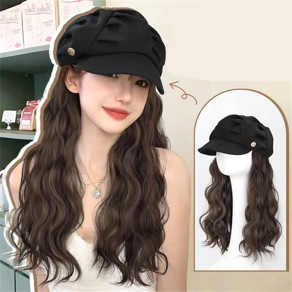 Topi bisbol bergelombang panjang sintetis Korea, dengan ekstensi rambut, topi Wig alami sintetis untuk anak perempuan