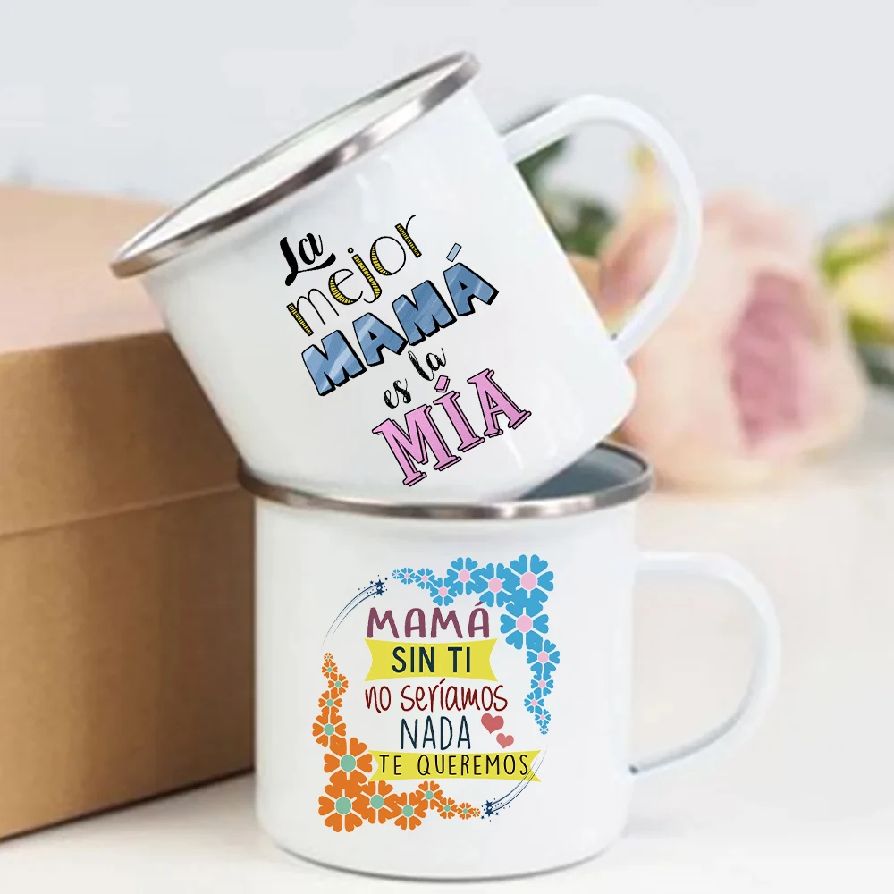 Mom We Love You Print Enamel Mug Mother's Day Gift Cup Coffee Handle Mugs Present for Mommy Drink Wine Juice Tea Enamel Cup