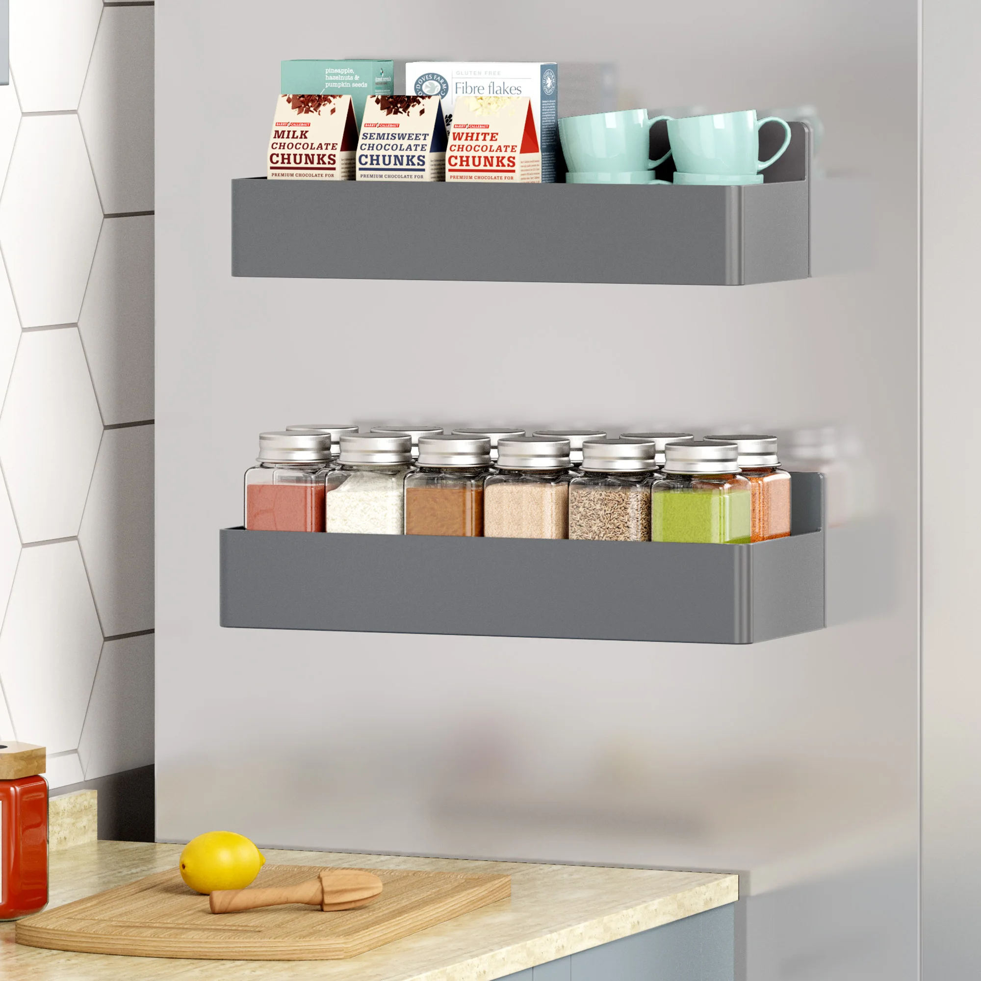 2pcs Magnetic Refrigerator Side Shelves Gray Plastic Kitchen Spice Organizer No-Drill Multi-Purpose Microwave Storage Racks