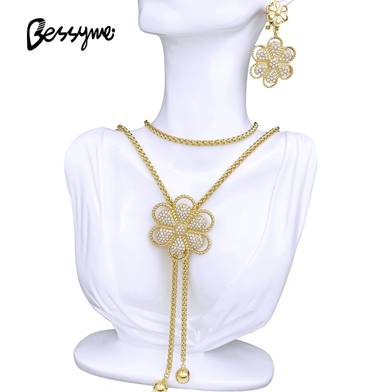 Women Necklace And Earrings Set Long Chain Flower Pendant Adjustable Length Wedding Party Gift