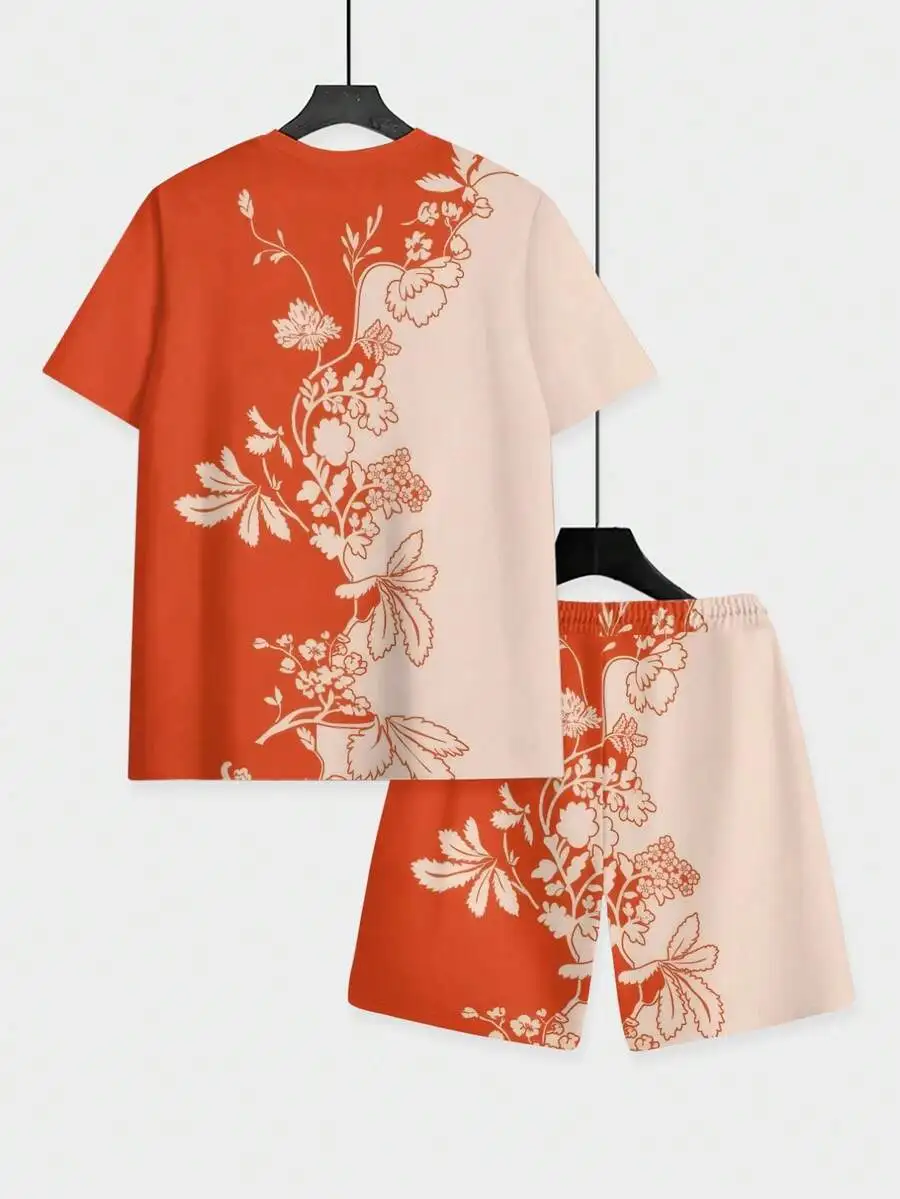 

Mens Orange And White Floral Vine Print T-Shirt Shorts Set Casual Lightweight Polyester