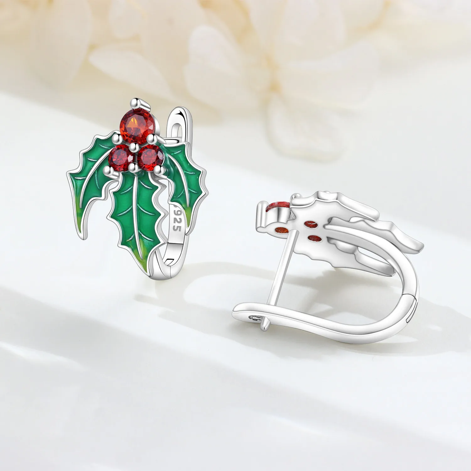 MISEFF S925 Sterling Silber Ohrringe, exquisite Weihnachts-Holly-Ohrringe, origineller Modeschmuck, Geburtstagsgeschenk