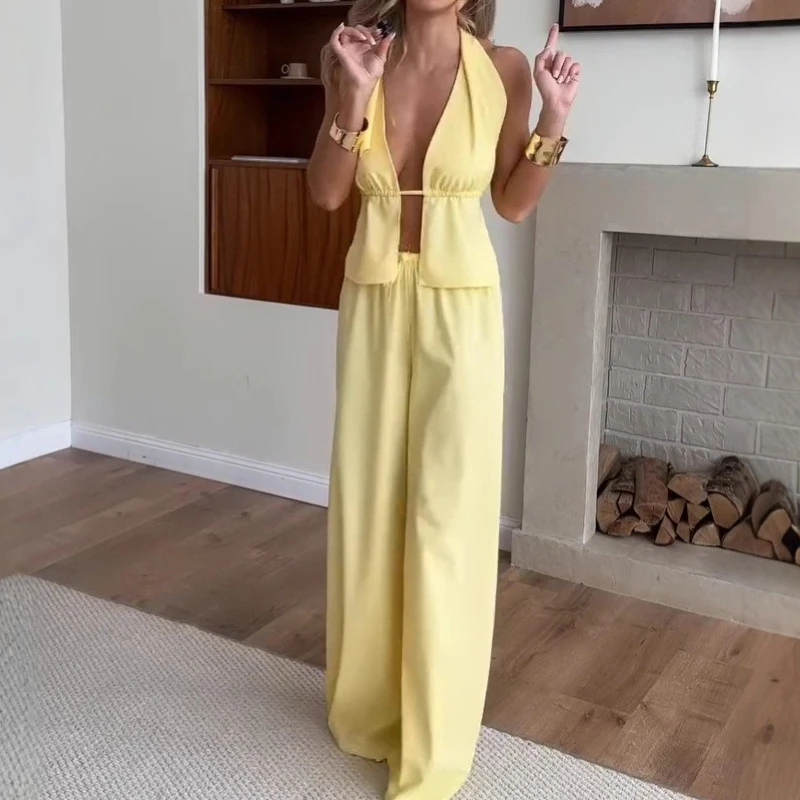 

2025 Summer Women's Neck Hanging Sexy Hollow Wide Leg Pants Temperament Commuting Fashion Set