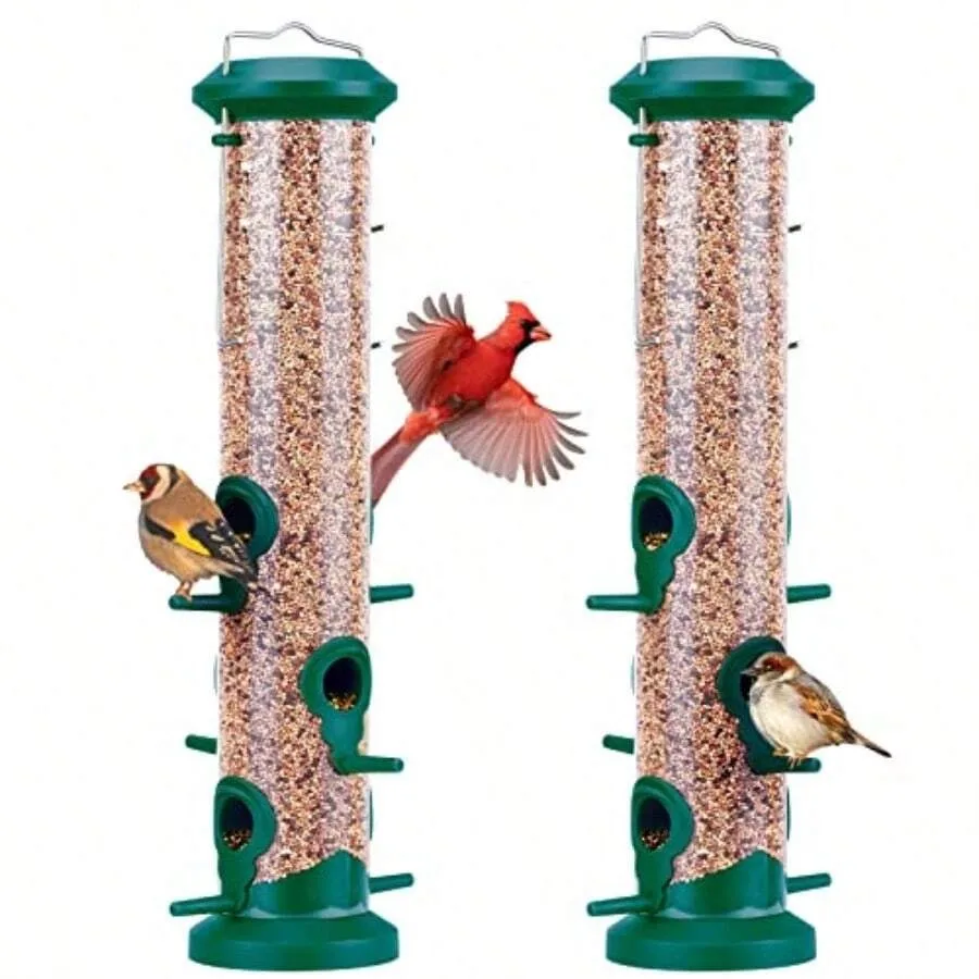 

2 Pack Tube Feeders With 6 Feeding Ports For Outdoors Hanging Premium Hard Plastic Weatherproof And Steel Hanger Attracting For