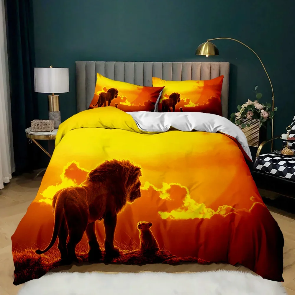 Lion Sunset Duvet Cover Wild Animals 3D Print Lion Tree Pattern Topics of Tropical Animals Boy Girls Men for Bedroom Decoration