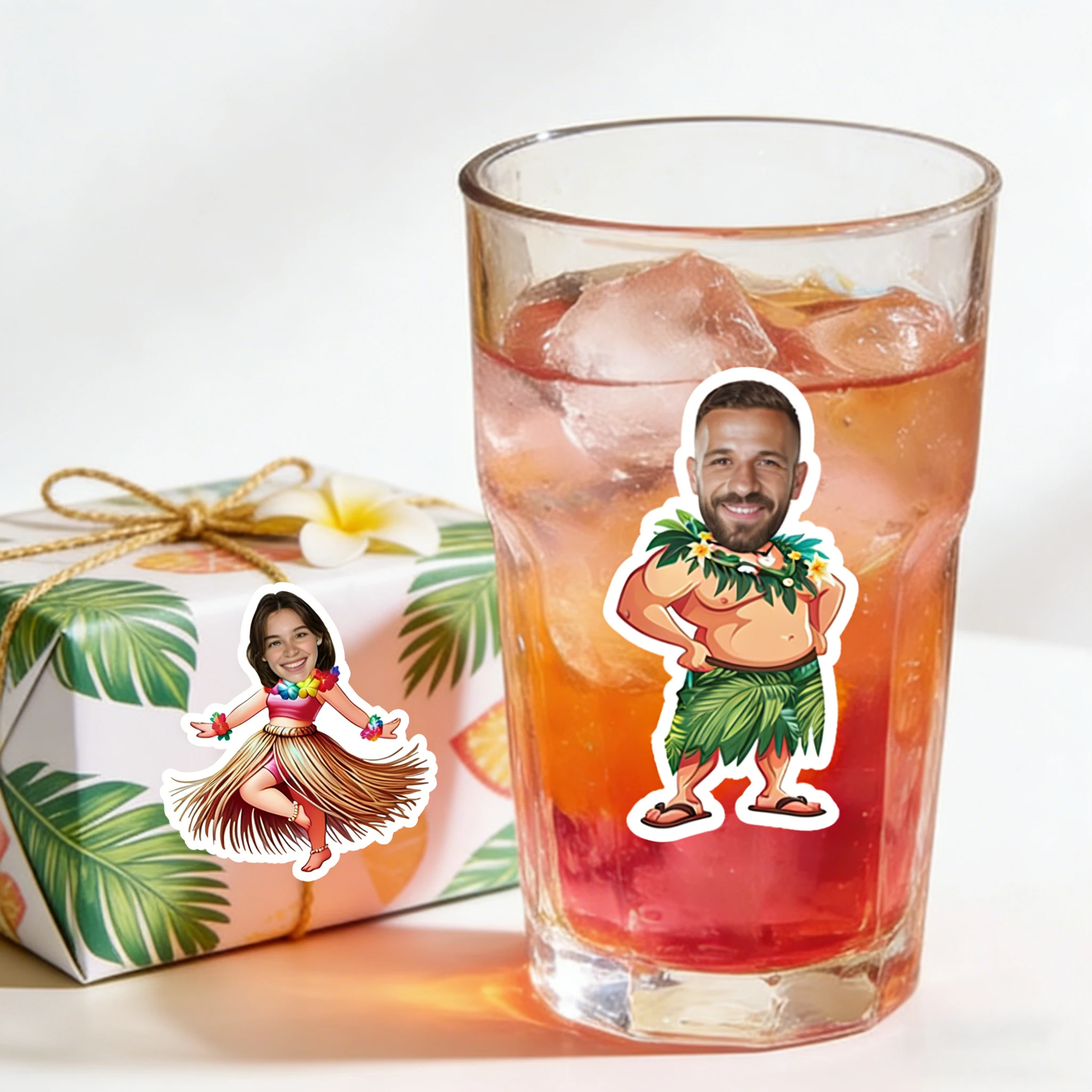 16/28/35pcs Custom Head Photo Hawaiian Skirt Hula Stickers Suitable for Computer Cup Package Sealing Letter Books Covers