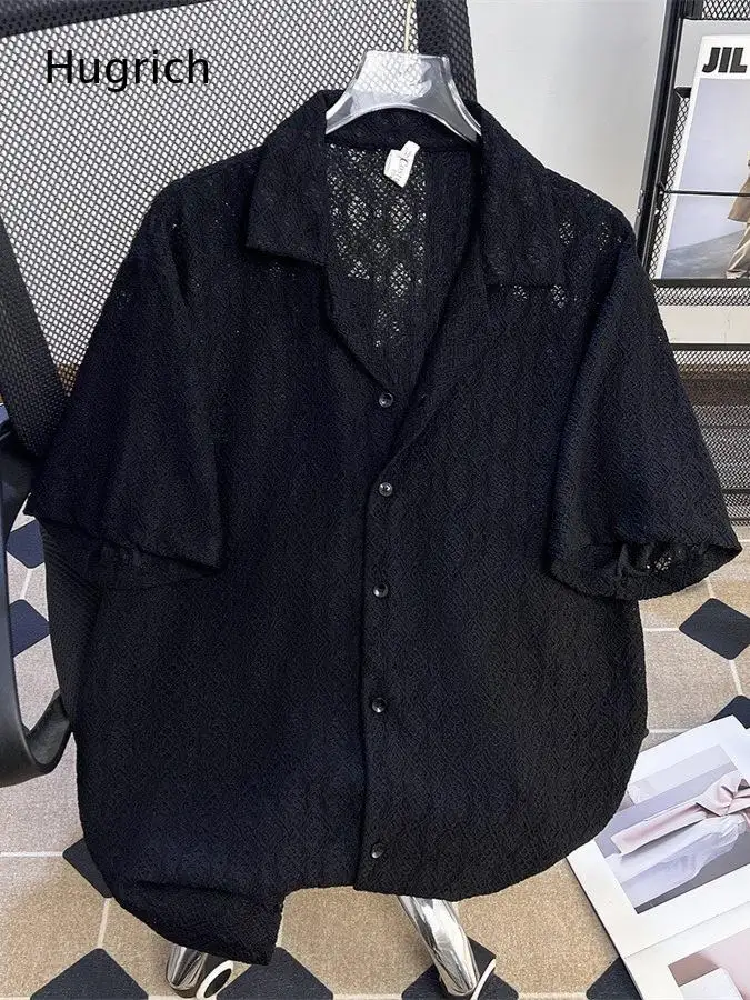 Hollow Diamond Lace Jacquard Camp Collar Shirt Summer Beach Mens Oversized Breathable Casual Blouse