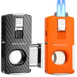 GREATWALL Luxury Cigar Lighter With Guillotine Cigar Cutter Metal 2 Torch Blue Jet Smoking Lighters For Cigars