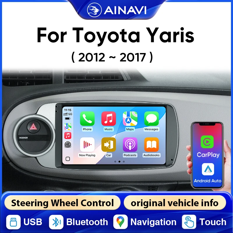 Radio para Auto AINAVI para Toyota Yaris XP130 2003-2020, 2Din, Bluetooth, Carplay Inalámbrico, Android Auto, Pantalla Carplay para Auto, Sistemas Inteligentes para Auto, BT, USB, GPS, 9 Pulgadas
