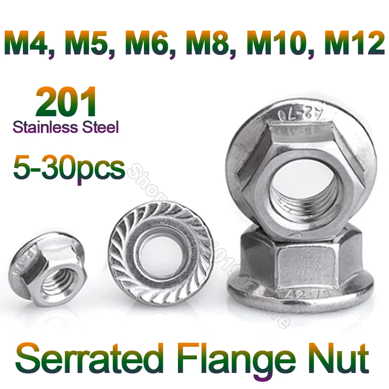 5-30Pcs Hexagon Flange Nuts M4 M5 M6 M8 M10 M12 SUS 201 Stainless Steel Pinking Automatic Locking Nut DIN6923 Serrated Spinlock