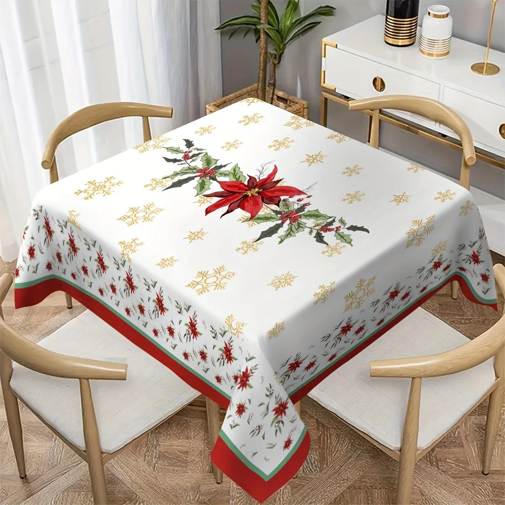 Christmas Poinsettia Holly Snowflake Waterproof Tabelcloth tabletop Decor Winter Kitchen Dining Tablecloth Christmas Decorations