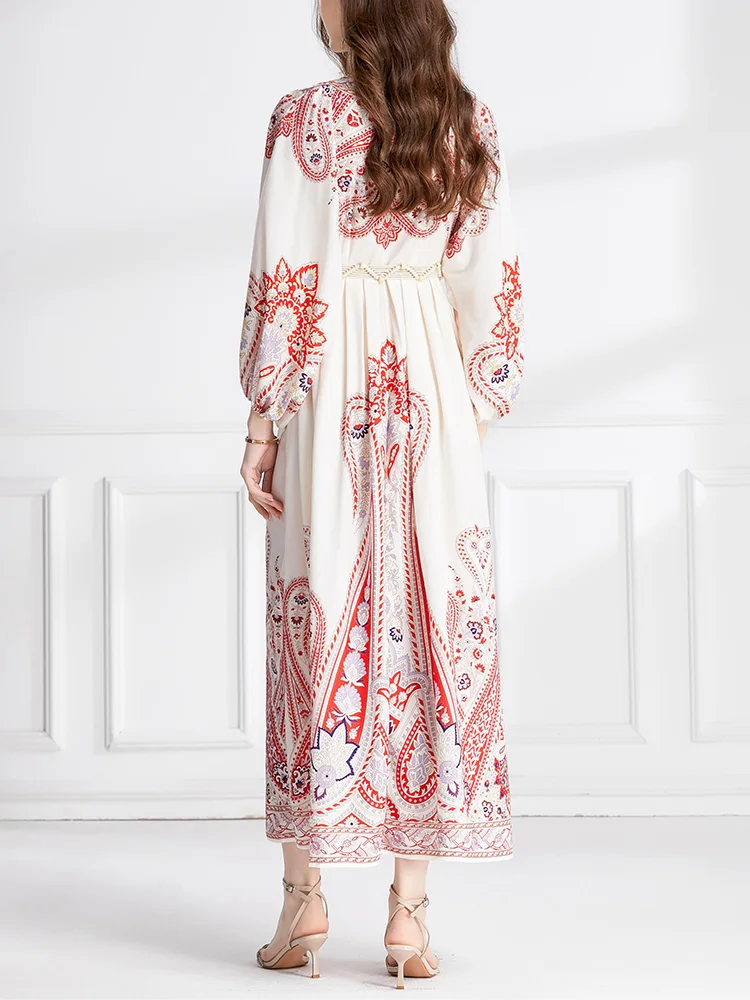 Robes longues bohèmes pour femme 2023 mode col en V à manches longues élégante robe maxi de soirée tresse ceinturée robe boho imprimée vintage