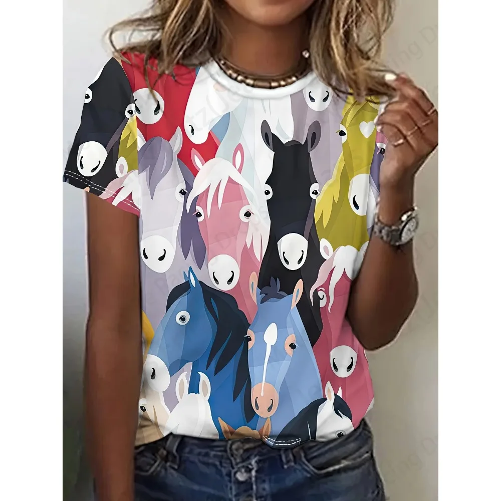 

Summer Vintage Women's T-shirt Horse 3d Print Tshirt Women Fashion T-shirt Crew Neck Short Sleeve T Shirt Kids Tops Tees Animal