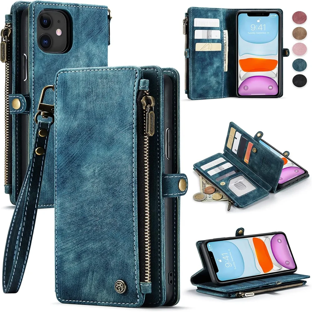 

For iPhone 13 Magnetic PU Leather Stand Flip Cover with Card Holder Slots Shockproof Protective Case with Zipper Pocket Built in