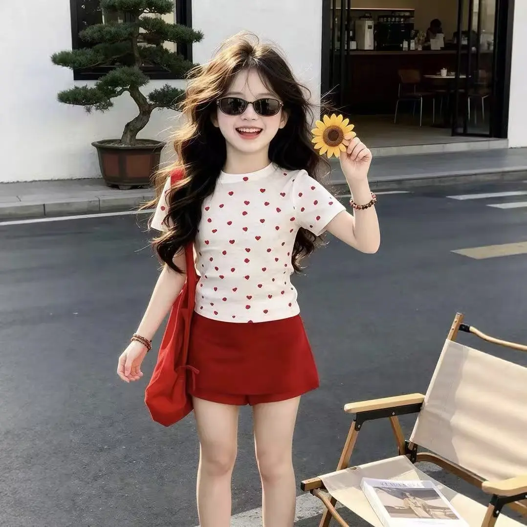 Girls' Summer Dress Set 2026 New Style Girls' Fashionable and Stylish Children's Love Short sleeved T-shirt Red Skirt Pants