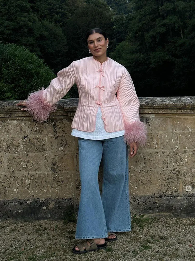 Elegante abrigo de algodón con cordones y puños de plumas empalmados para mujer, chaqueta acolchada de manga larga con cuello redondo, ropa de calle holgada para mujer, 2024