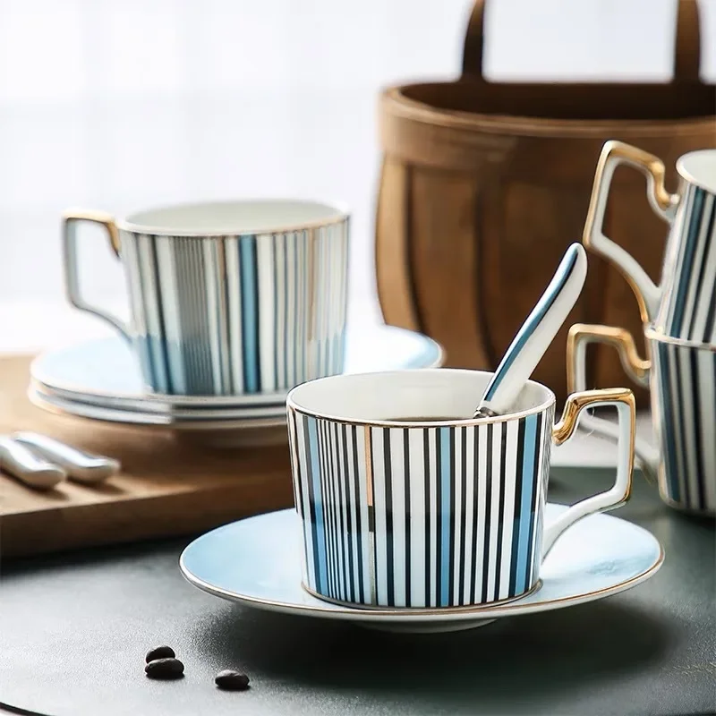 Striped Pattern Ceramic Tea Cup Saucer Set, Gold Trim Blue Accent Tableware, Stylish Home Coffee Cup Gift for Daily Use