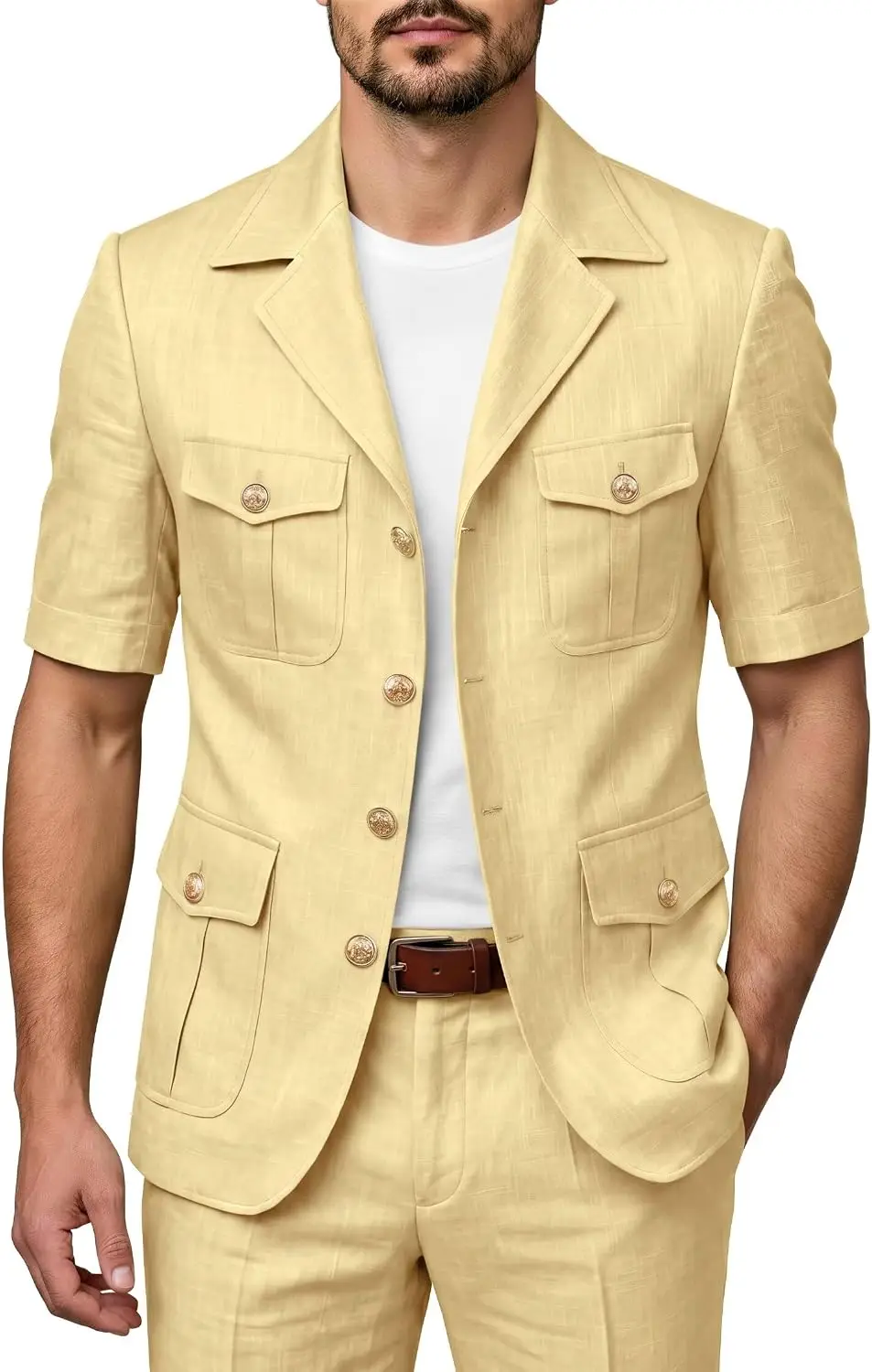 Mens Linen Suit Short Sleeve Safari Suits for Men Slim Fit 2 Piece Multi-Pocket Lightweight Suit Blazer Pant Set