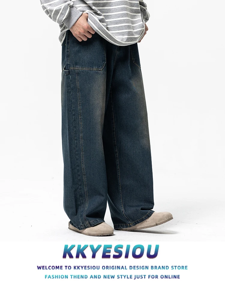 

KKyesiou American Retro Jeans Men Women Casual Loose Waist Straight Leg Jeans Faded Blue Cotton Polyester Blend Youth Fashion