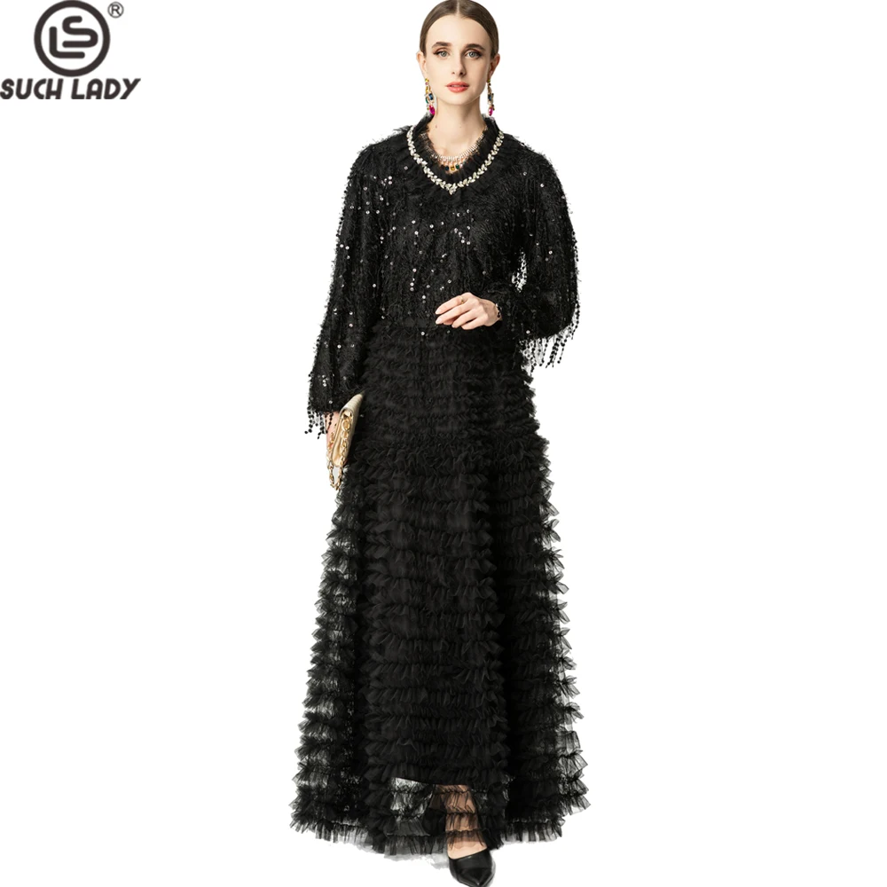 Women's Black Sequined Feathered Ruffle Two-Piece Set, Elegant Long Sleeve Top & Tiered Tulle Maxi Skirt with Crystal Embellishe