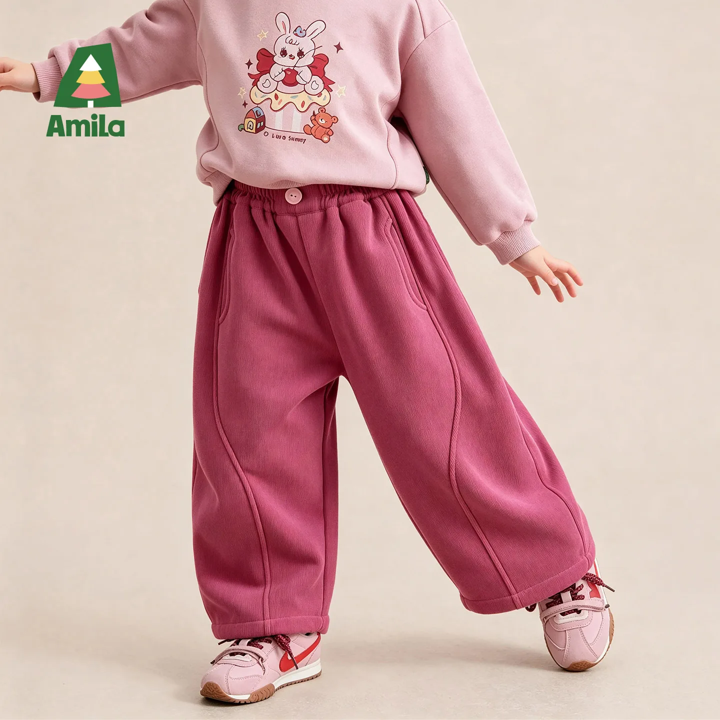 Amila 2026 Winter New Kids Casual Long Pants Back Seam Design Loose Fit Fleece Lined Warm Extra Soft Cozy Daily Long Pants