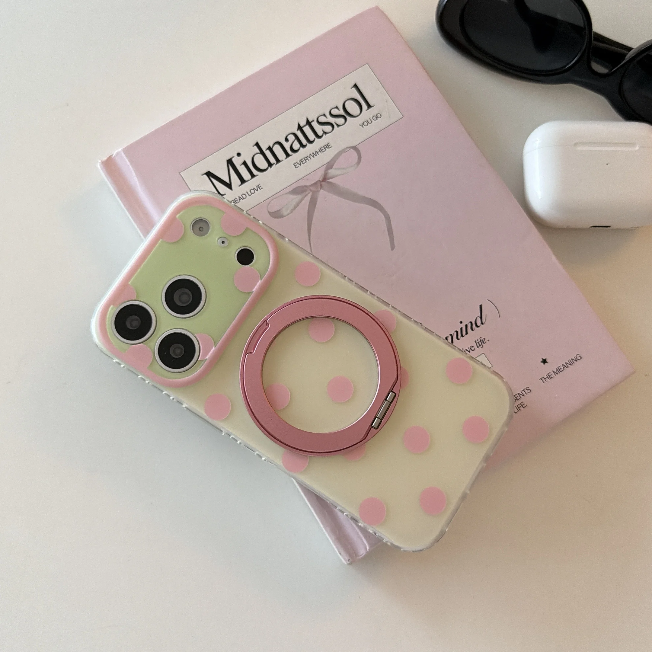 Fashion White Pink Blue Polka Dots Pattern White Purple Matte Cover Case For iPhone 17 16 15 Pro Max with 360° Rotation Holder view 2