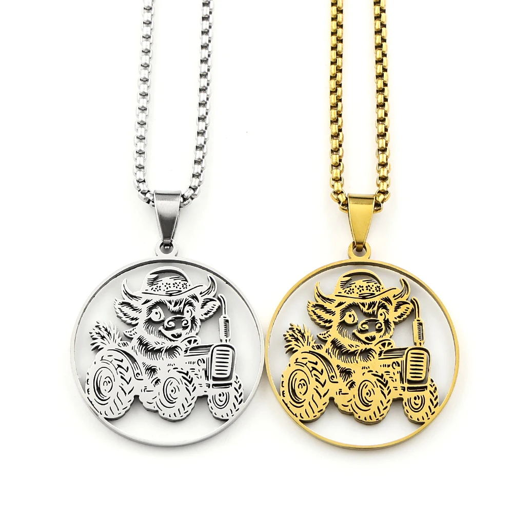 Hollow West Cowboy Calf Driving Tractor Pendant Necklace For Women Men Stainless Steel Gold Color Animal Chain Farm Jewelry Gift