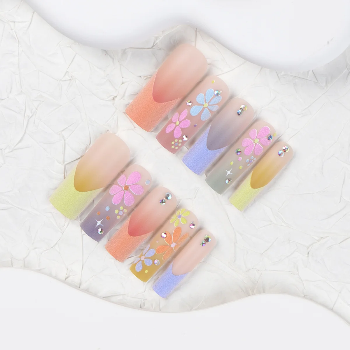 24-Piece Coffin-Shaped ABS Fake Nails Multicolored French Multicolored Flowers Cute Sweet Sparkling Diamonds Dot Pressed Finger