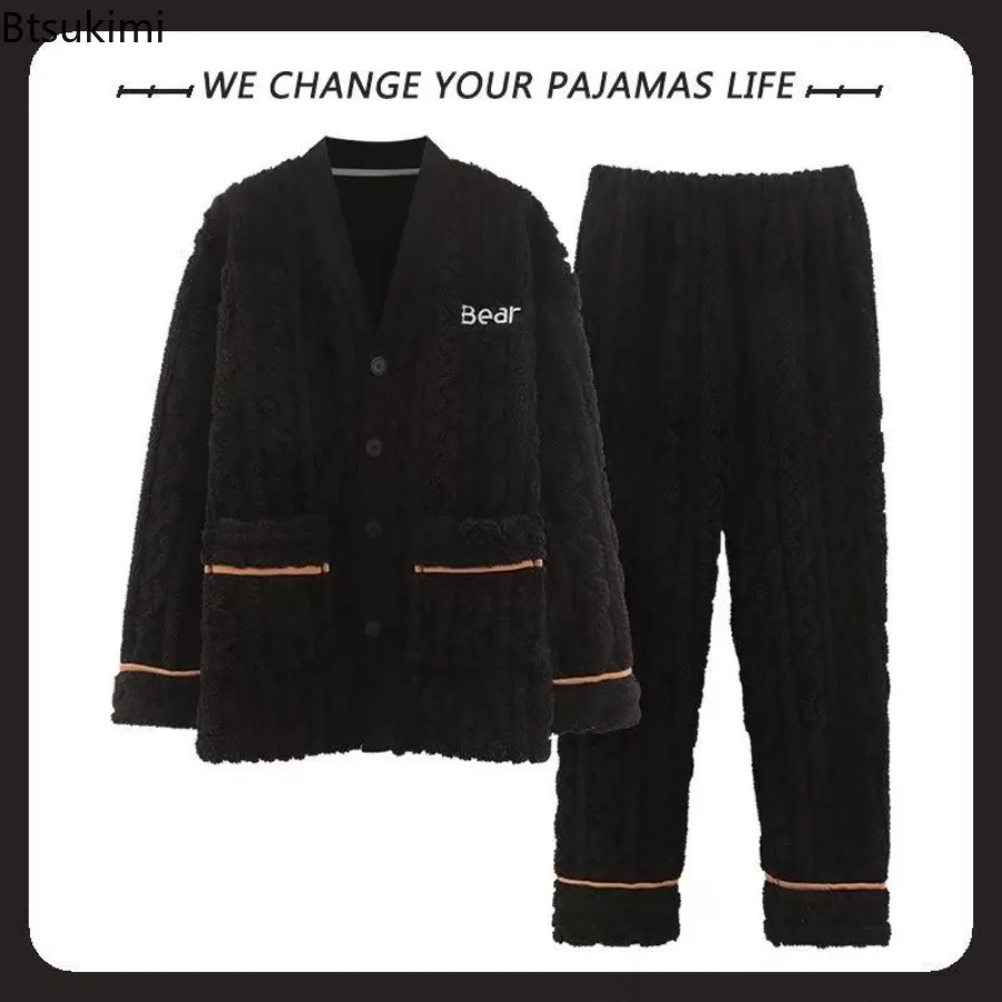 New Autumn Winter Thick Pajamas Set for Men Korean Teddy Jacquard V-neck Button Sleepwear for Man Kimono Velvet Pajama Sets Male