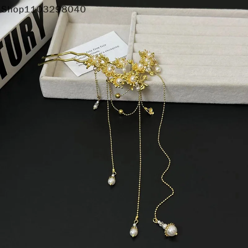Vintage Bridal Hairpin and Floral Tassel Hair Forks; Hanfu Tradition Inspired Women's Headdress. image 6