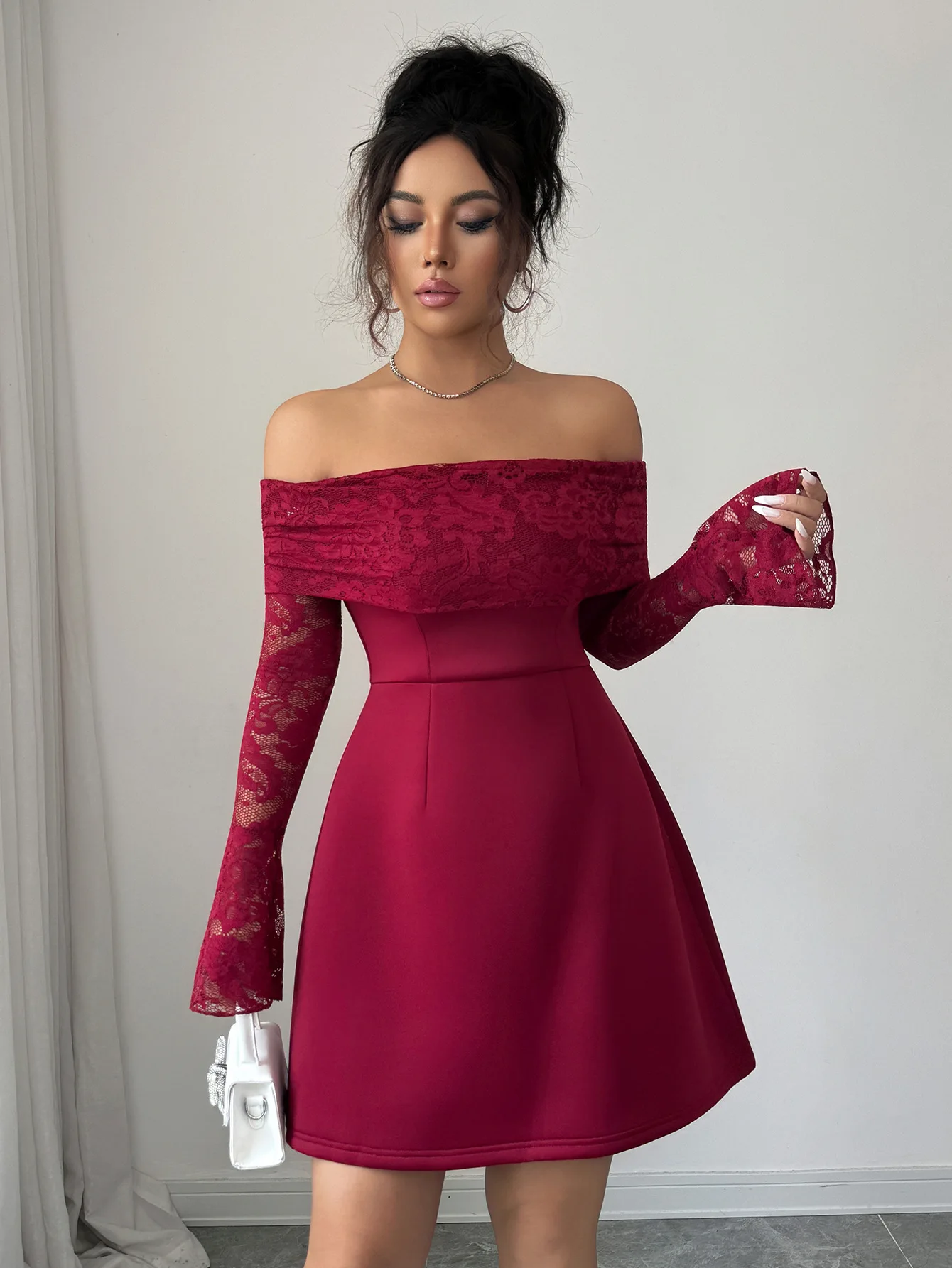 

Women's Dress Best Seller Burgundy Off Shoulder Lace Long Sleeve Flare Sleeve A Line Mini Dress Party Wedding Guest Dress