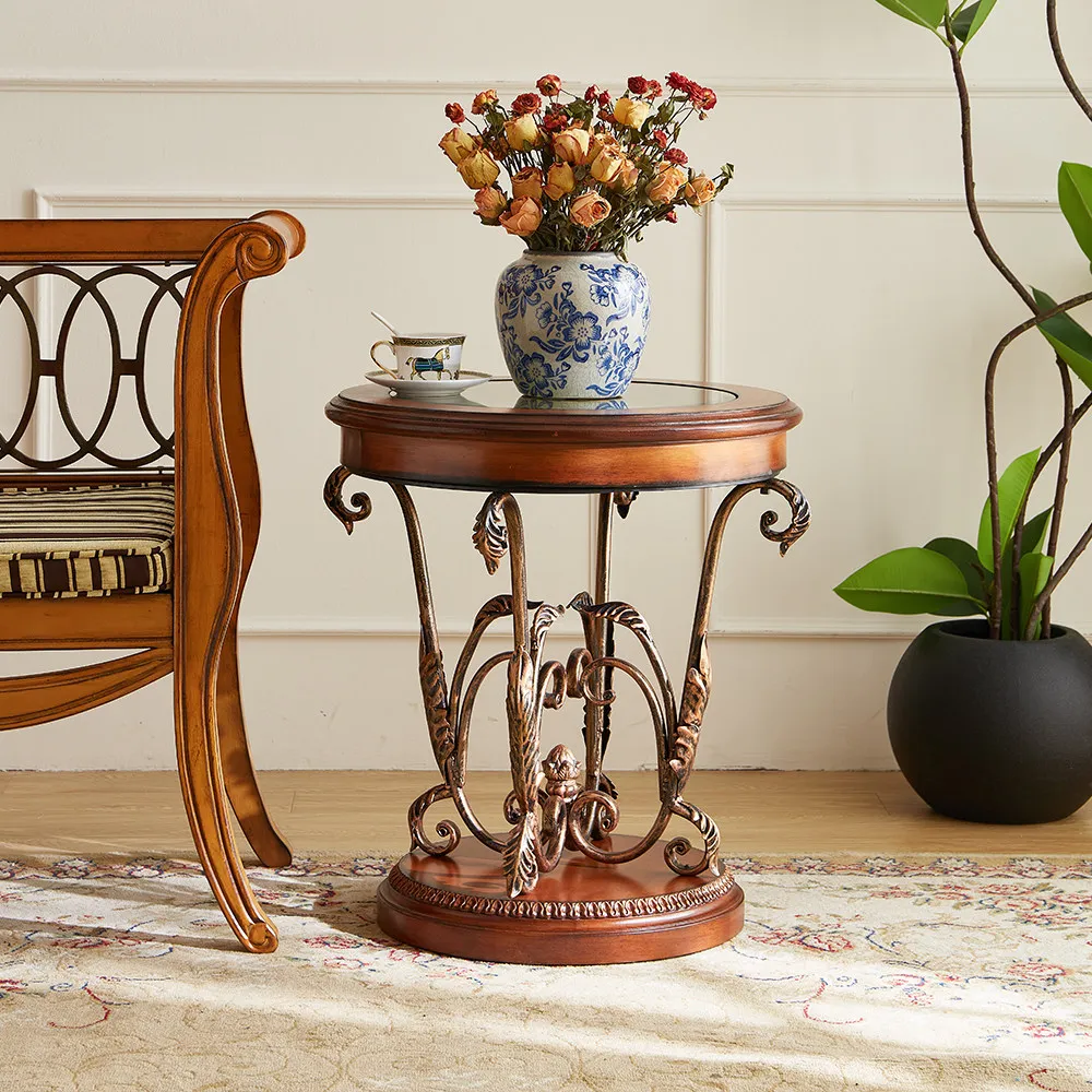 Caramel color American sofa edge few European solid wood small round table painted corner few metal retro coffee table