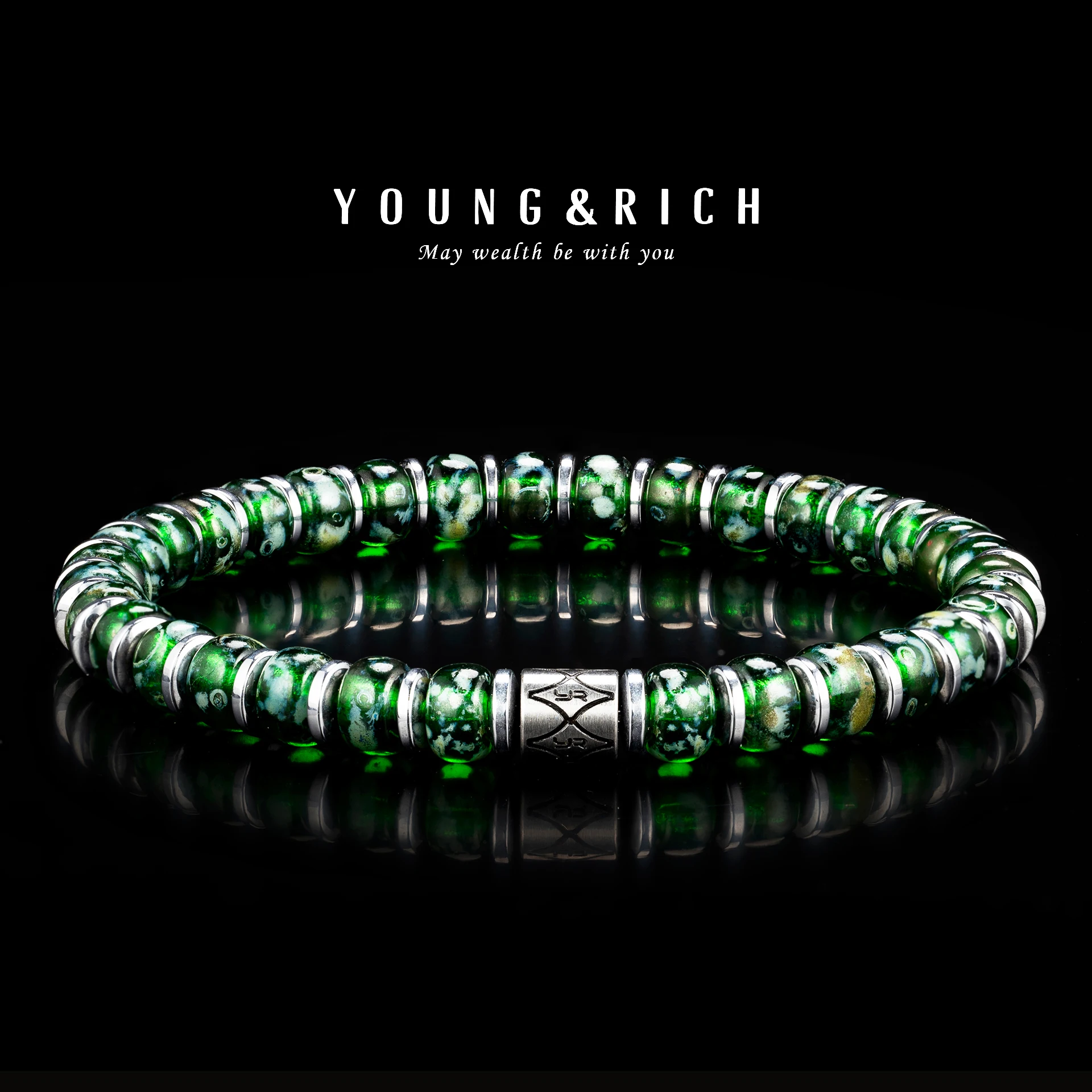 YOUNG&RICH 6MM Green Murano Glass Beaded Bracelet for Men, Titanium Steel Minimalist Luxury Jewelry, Perfect Gift for Him