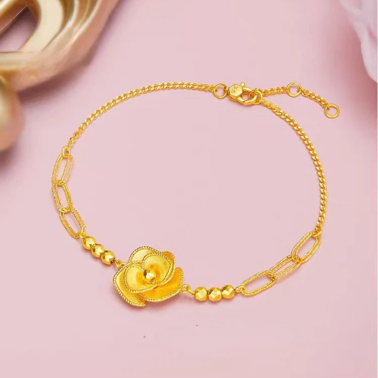 

Pure 14 K Gold Color Shiny Rose Shape Bracelet Chain for Women Bride Wedding Bracelet Bangle Fine Jewelry Gifts Not Fade